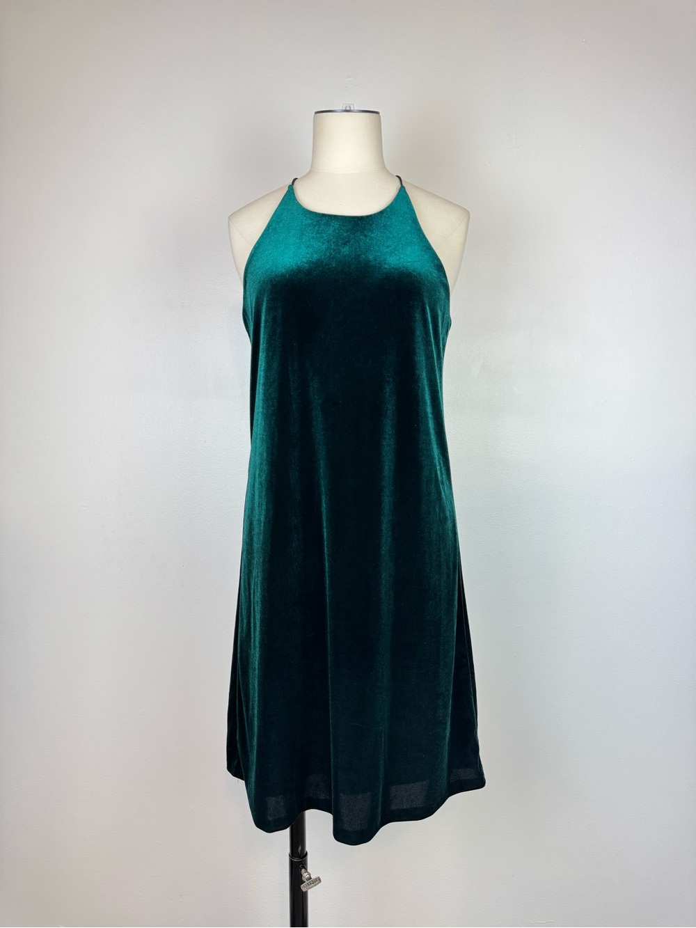 Bloomingdales Aqua Women Forest Green Velvet Halter Shift Mini Dress size Medium